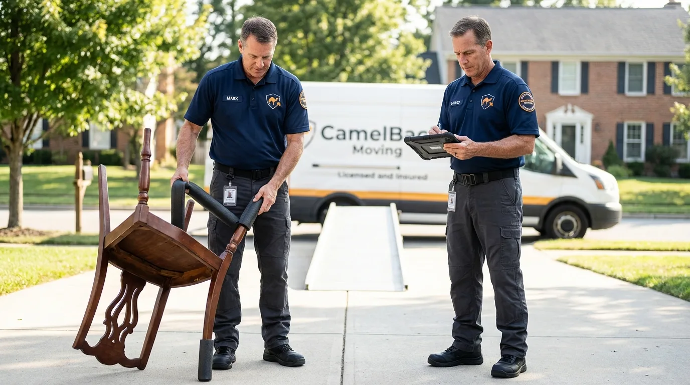 Movers inspecting furniture for damage prevention before loading in Newell, WV
