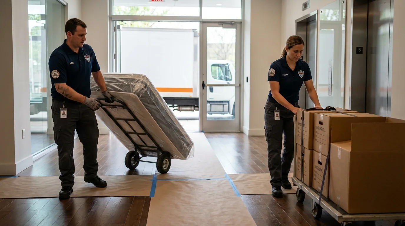 Professional apartment movers loading elevator in Newell, WV